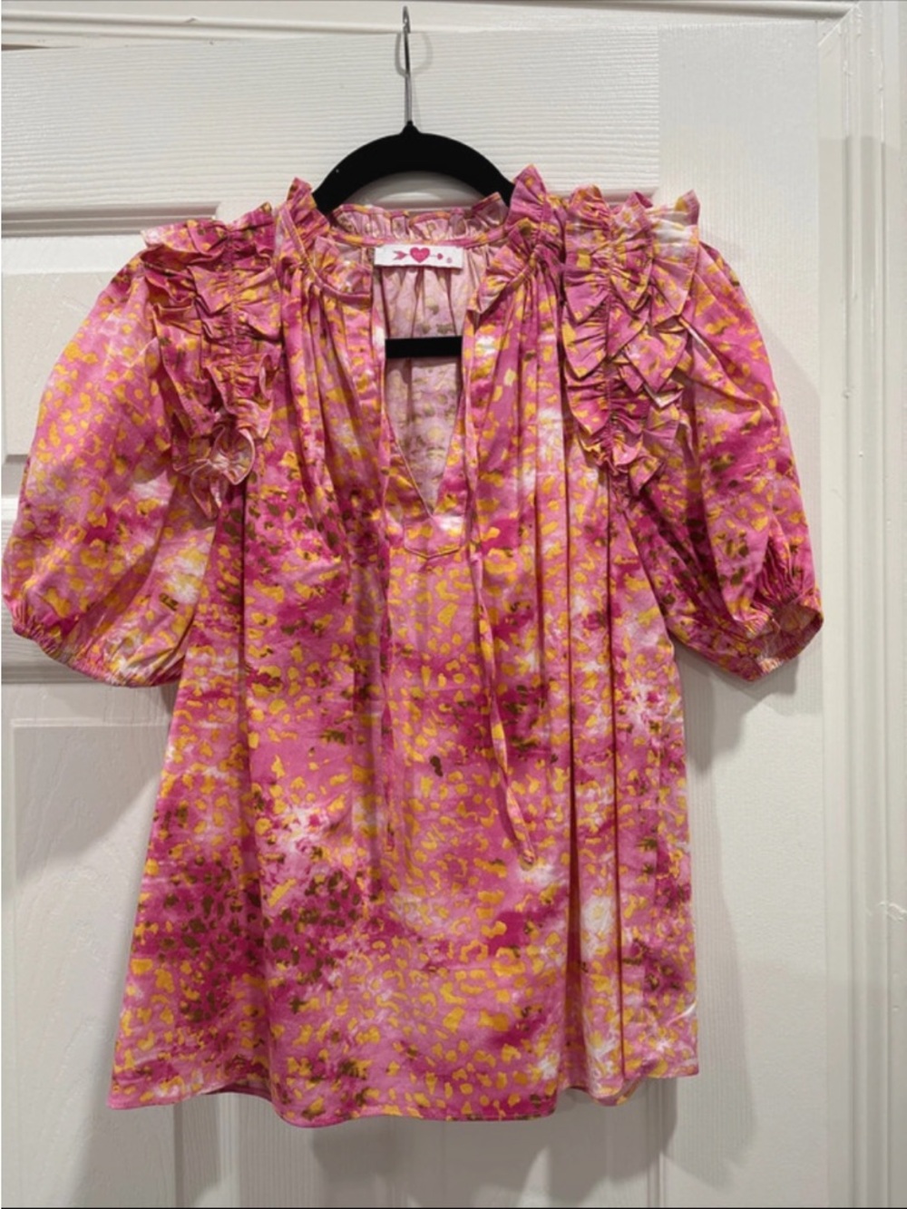 Women's Pink Ruffle Puff-Sleeve Blouse